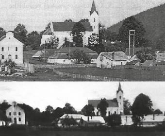 Ústredie obce snímané od dnešného domu Jána Kanderu. Vľavo je židovská synagóga, pred ňou (foto dole