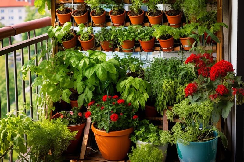 Vibrant red tomatoes thriving in a terracotta pot on a sunny balcony, showcasing urban container gardening.