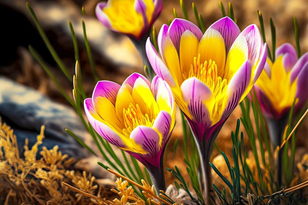 yellow flowers of open-pink blooming in early spring crocus in nature