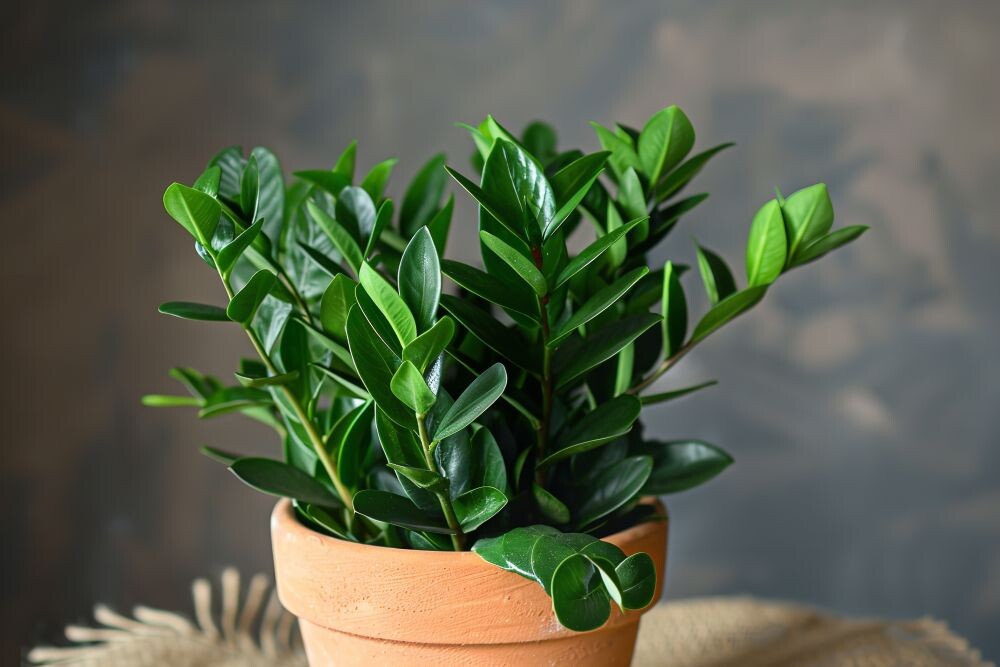 Thick, robust black foliage on a naturally orange clay pot, Zamioculcas zamiifolia 'Raven', Generative AI.