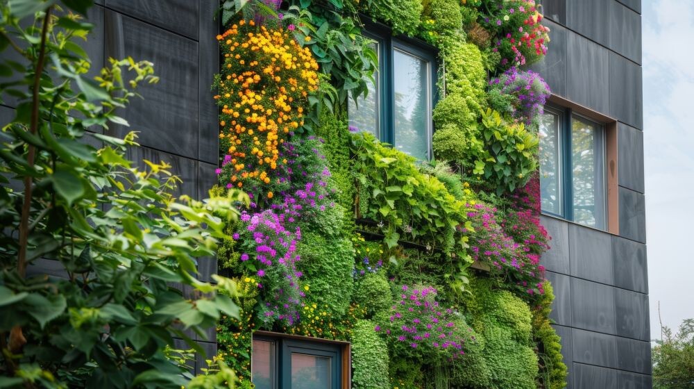 The industrial exterior of this building is softened by a living wall made of cascading greenery and colorful blossoms.